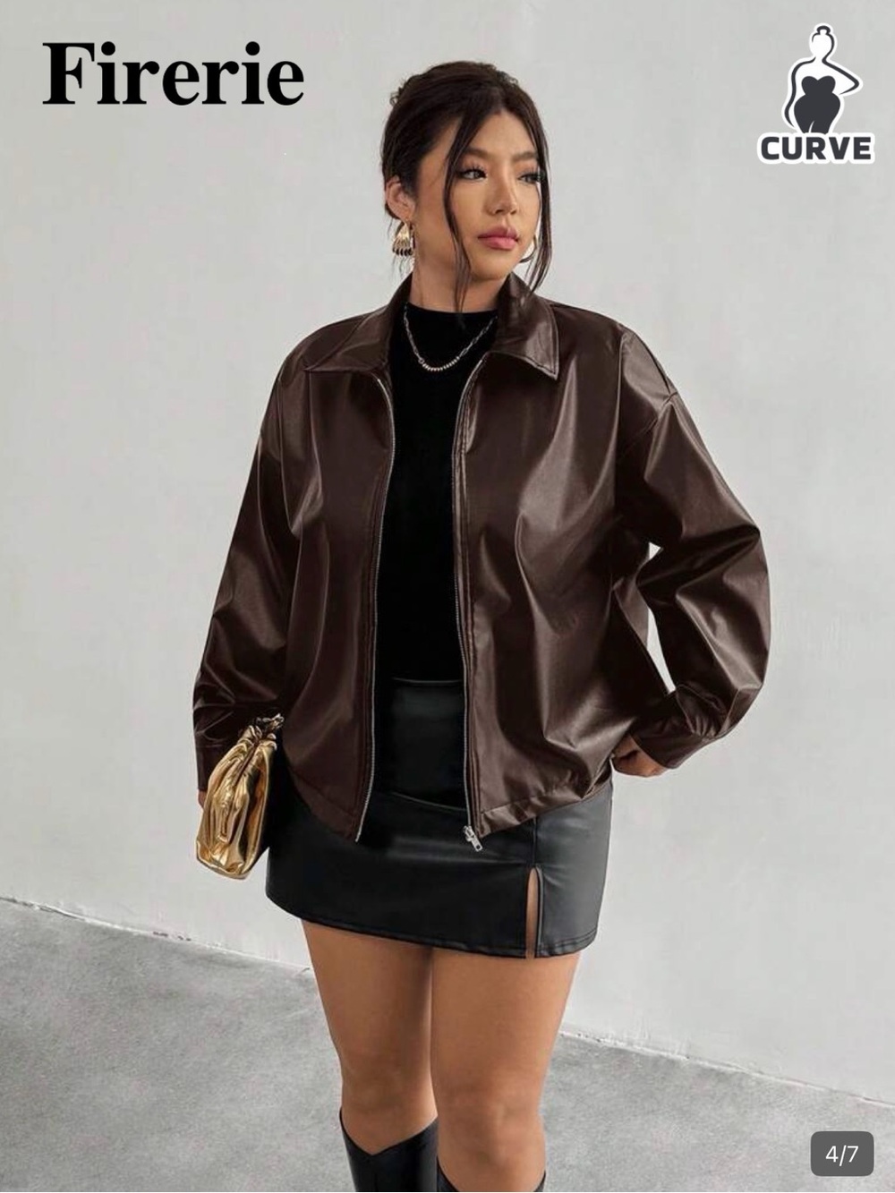 SHEIN Brown Faux Leather Bomber Jacket